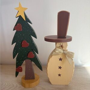 VINTAGE WOOD CHRISTMAS SANTA & GREEN “HEARTS” STAR CHRISTMAS TREE SET